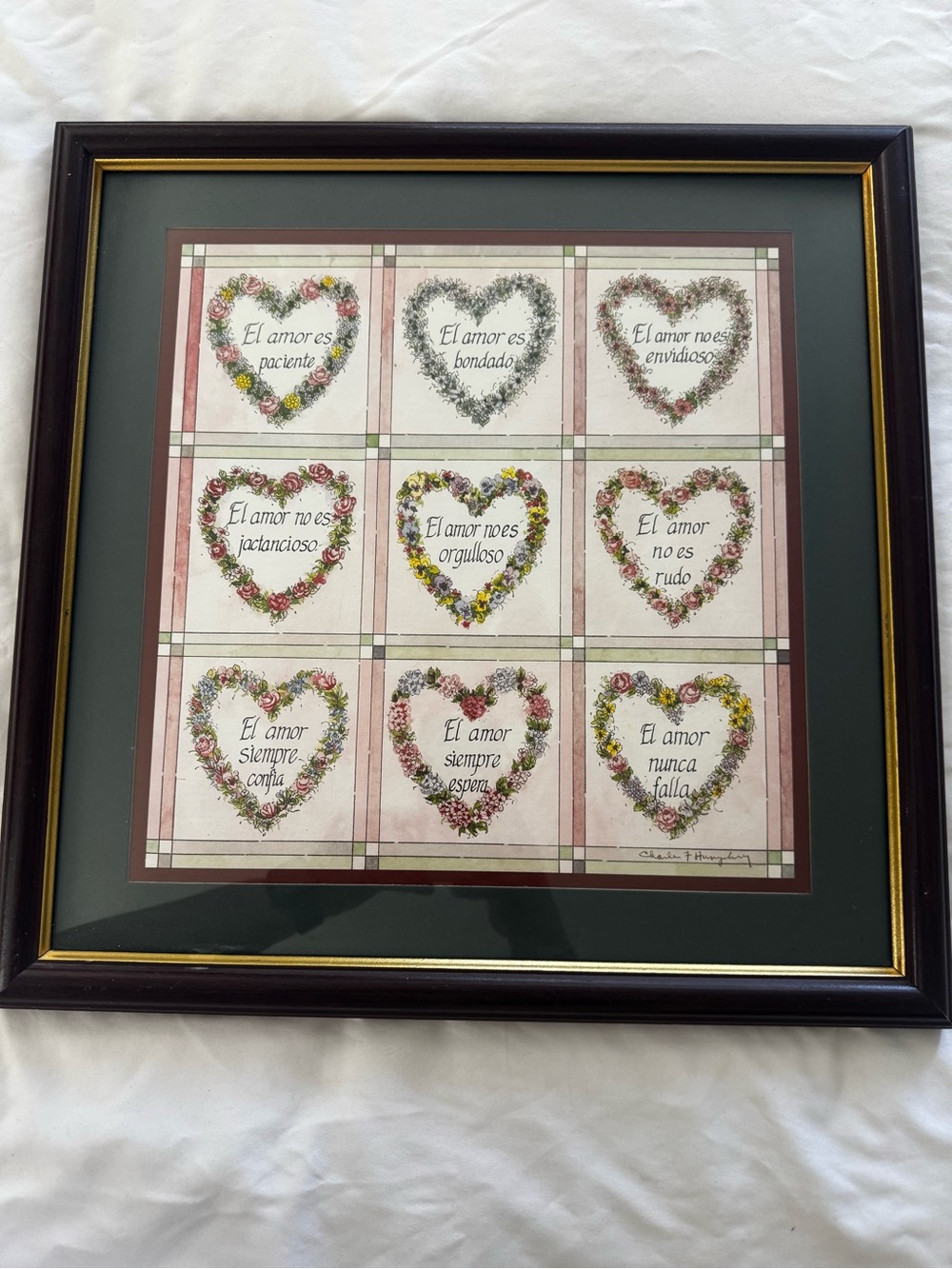 Framed Floral Heart Sentiment Wall Art - Green Mat, Black Frame